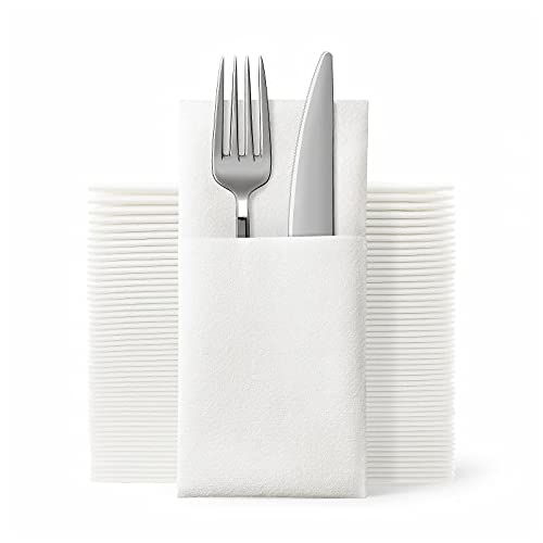 JEBBLAS Disposable Cloth Like Napkins Builtin Flatware Pocket Wedding Party Linen Feel White Napkin Prefolded for Silverware50 Count
